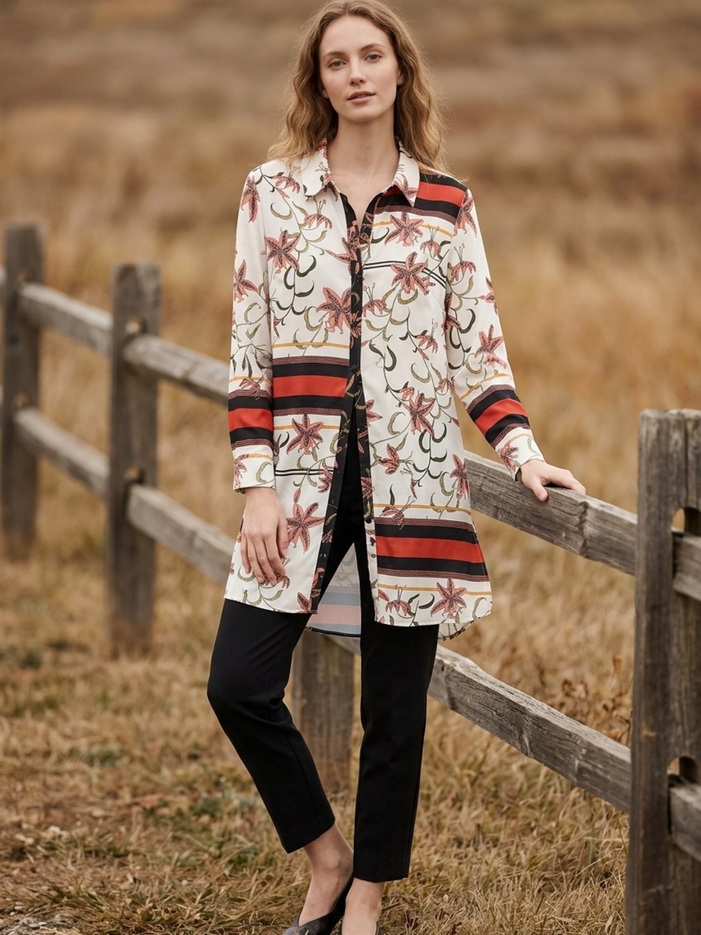 Ashro Floral Stripe Longline  Cream & Red Blouse